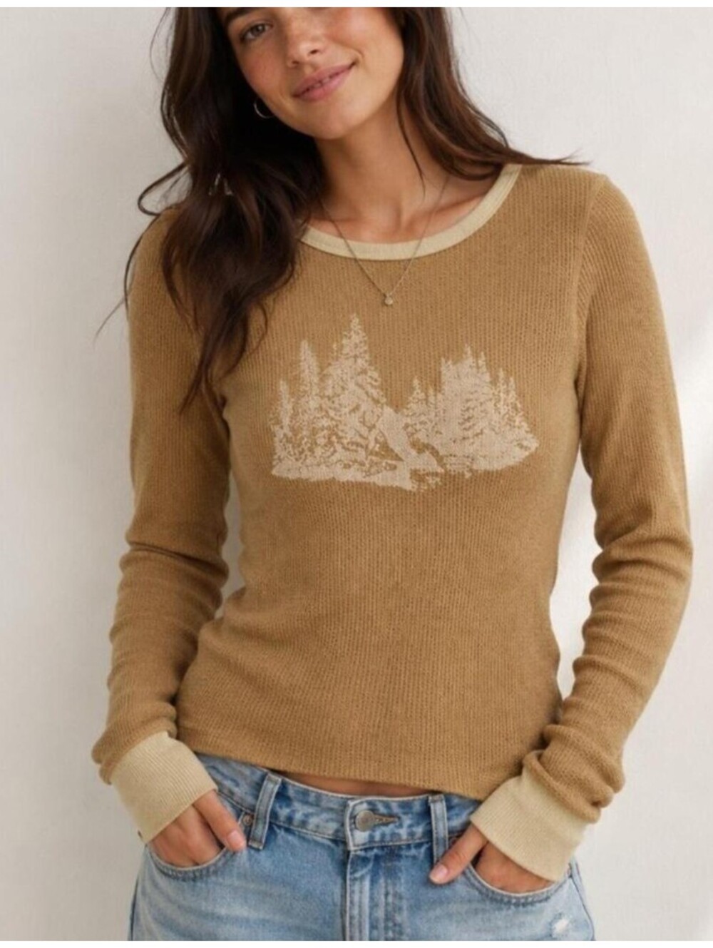 AMERICAN EAGLE brown cream ski thermal top sz S